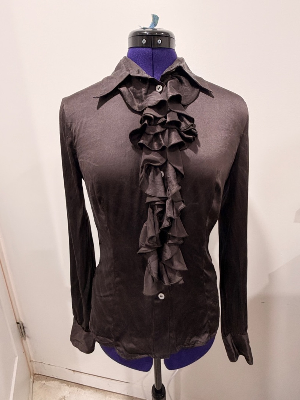 Kiton Brown Ruffle-Front Button Down Shirt 100% Silk Italy